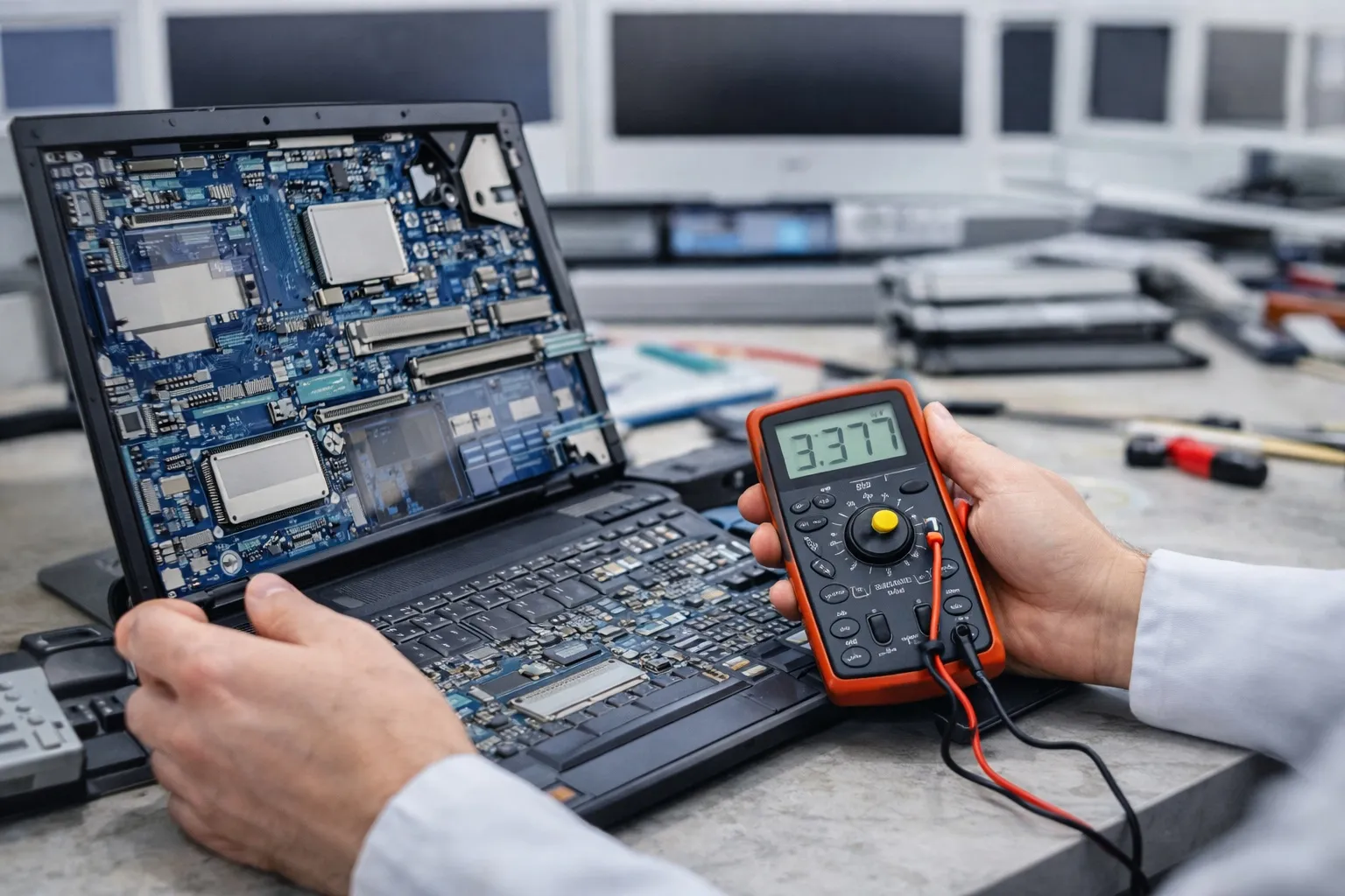 Noutbuk elektron qismlarini multimetrlə tekshirish va diagnostika qilish jarayoni